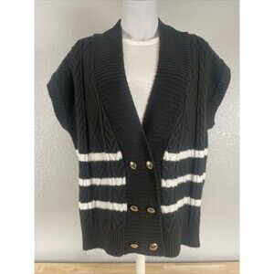 Anthropologie Maeve Black White Striped Gold Button Sweater Vest Cap Sleeve Sz S